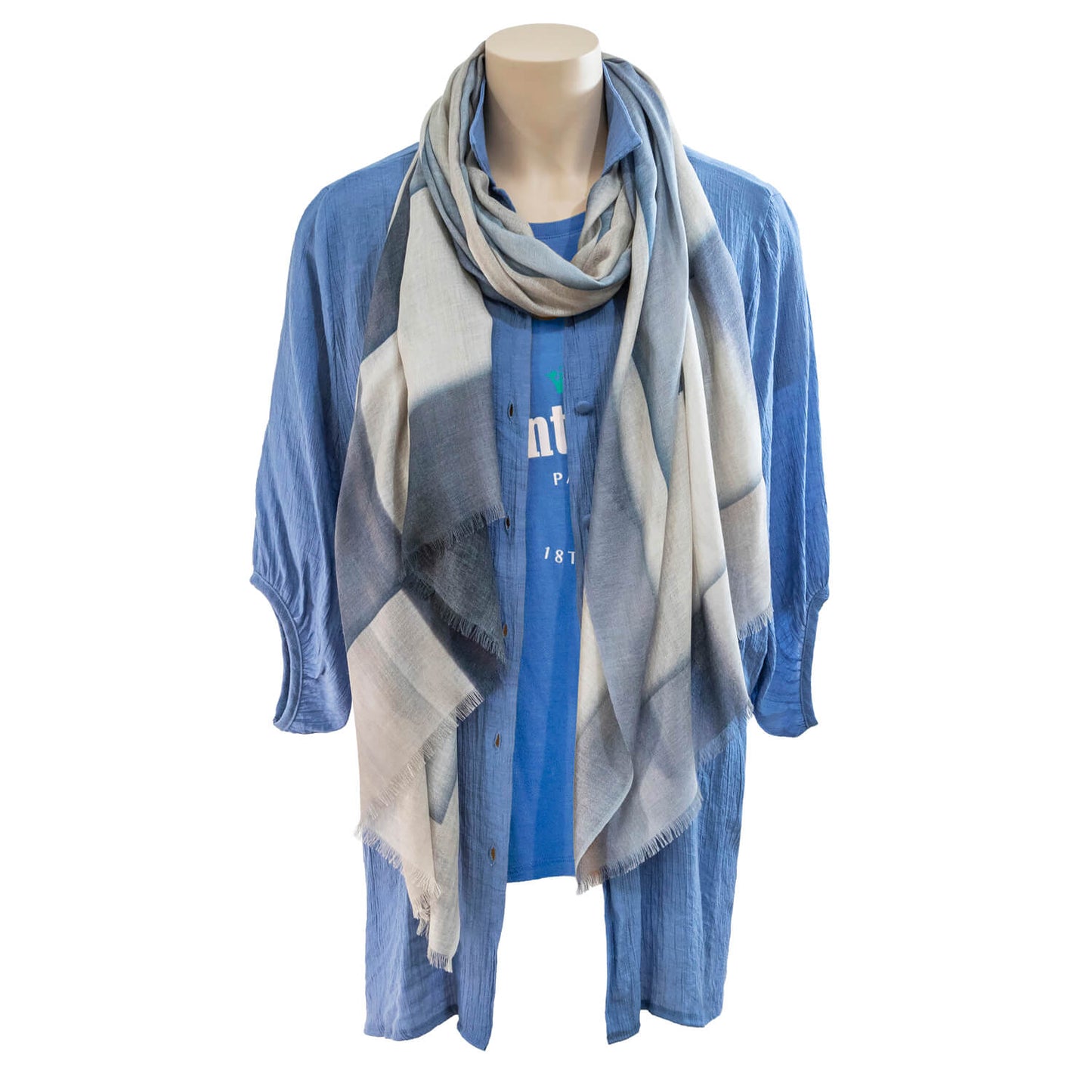 winter dune wool silk scarf with blue top & shirt