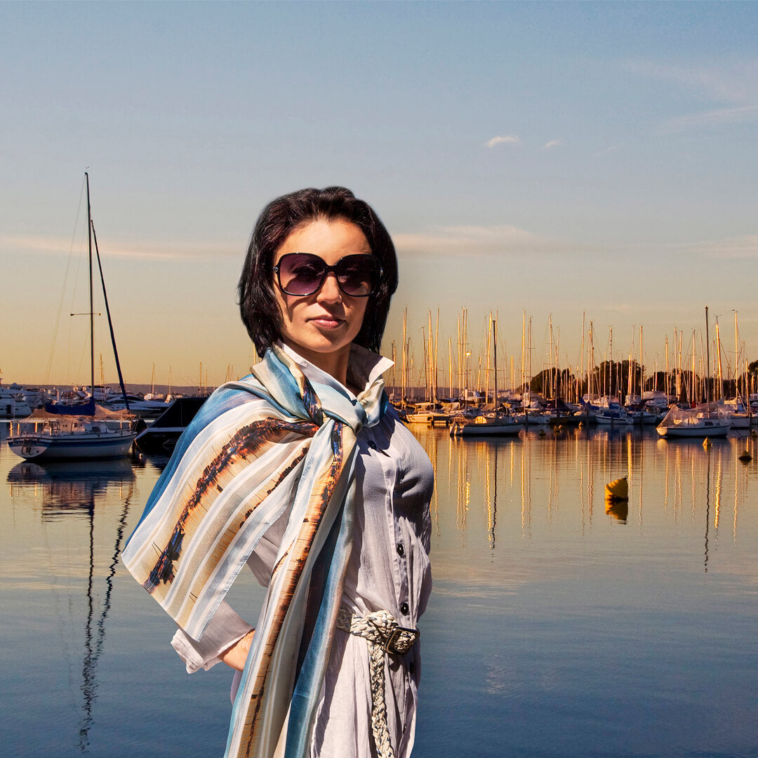 reflections nautical silk scarf with white dress by seahorse silks