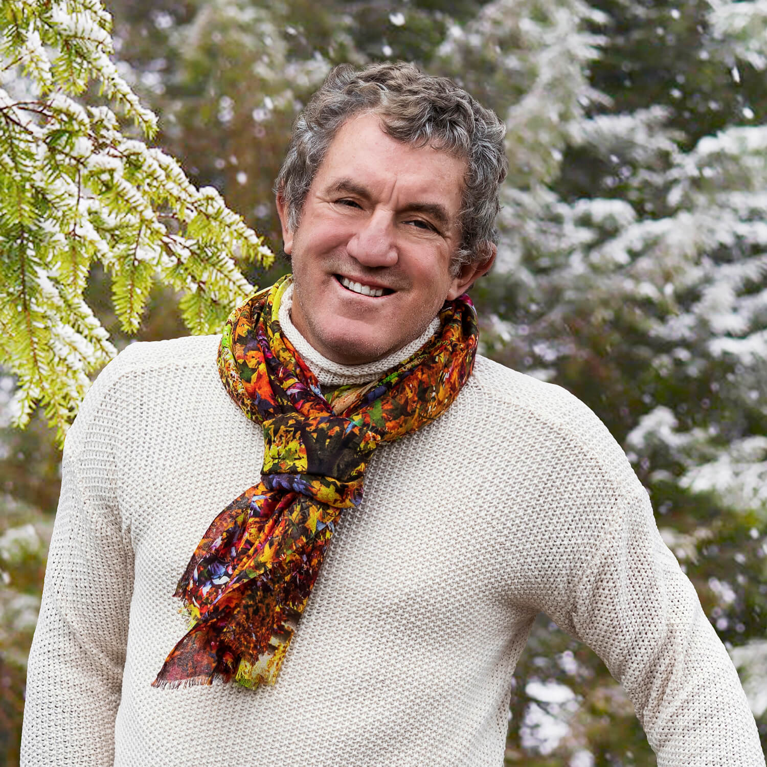 man wearing autumn cashmere wool scarf by seahorse silks