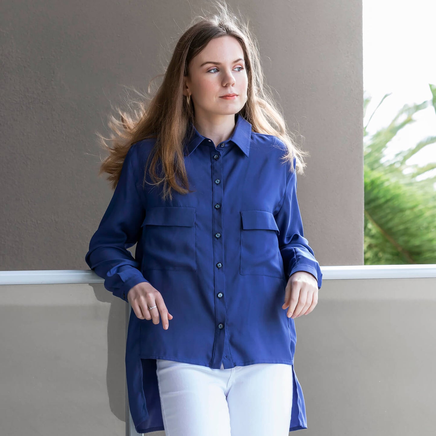 blueberry manhatten long sleeve shirt with white pants by seahorse silks