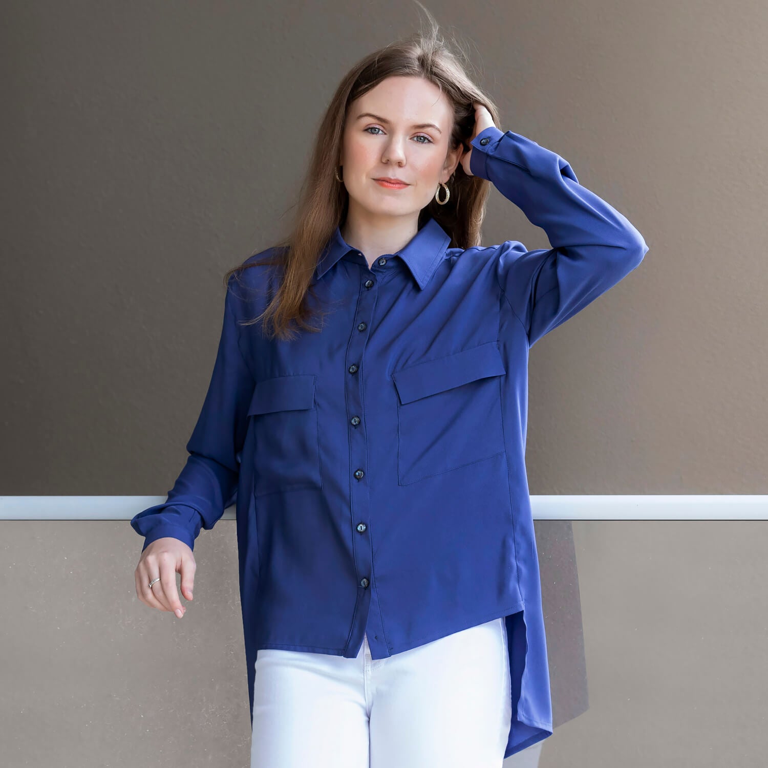blueberry long sleeve shirt by seahorse silks with white jeans