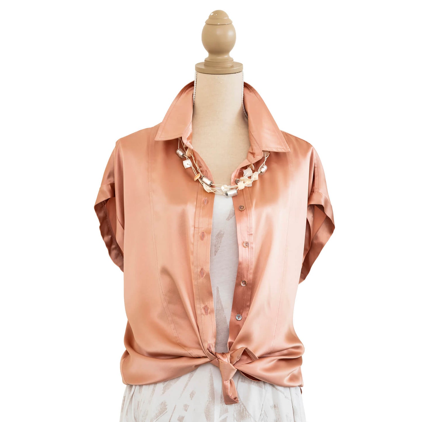 blush essential silk shirt worn open & tied at front by seahorse silks