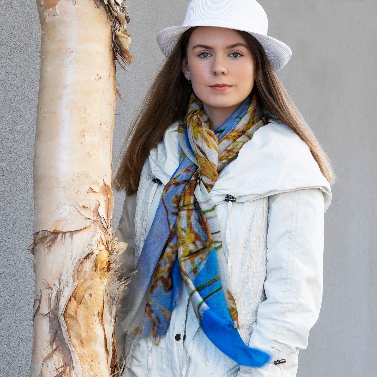 dune grass wool cashmere scarf with white coat by seahorse silks