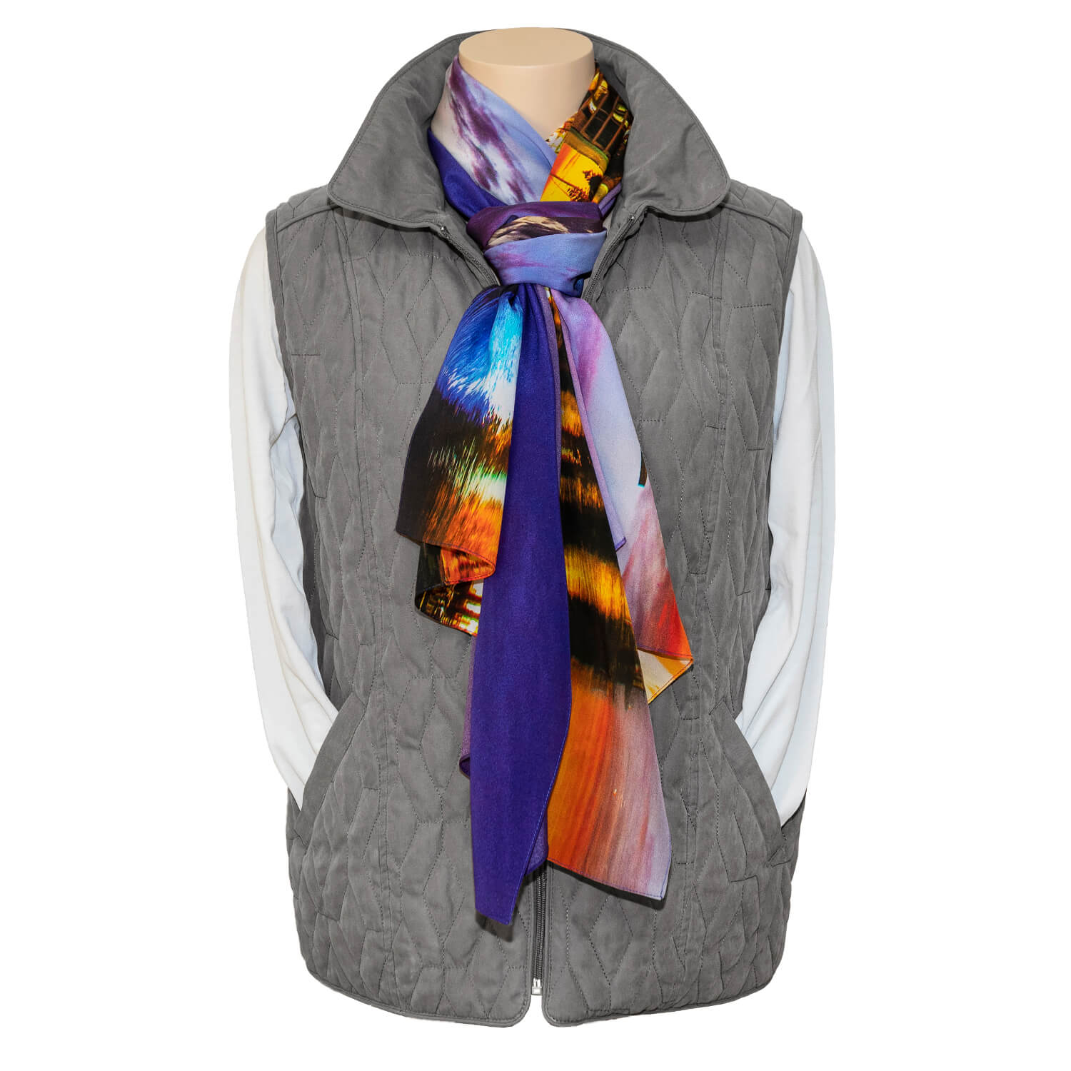 dusk on the inlet silk scarf with grey vest