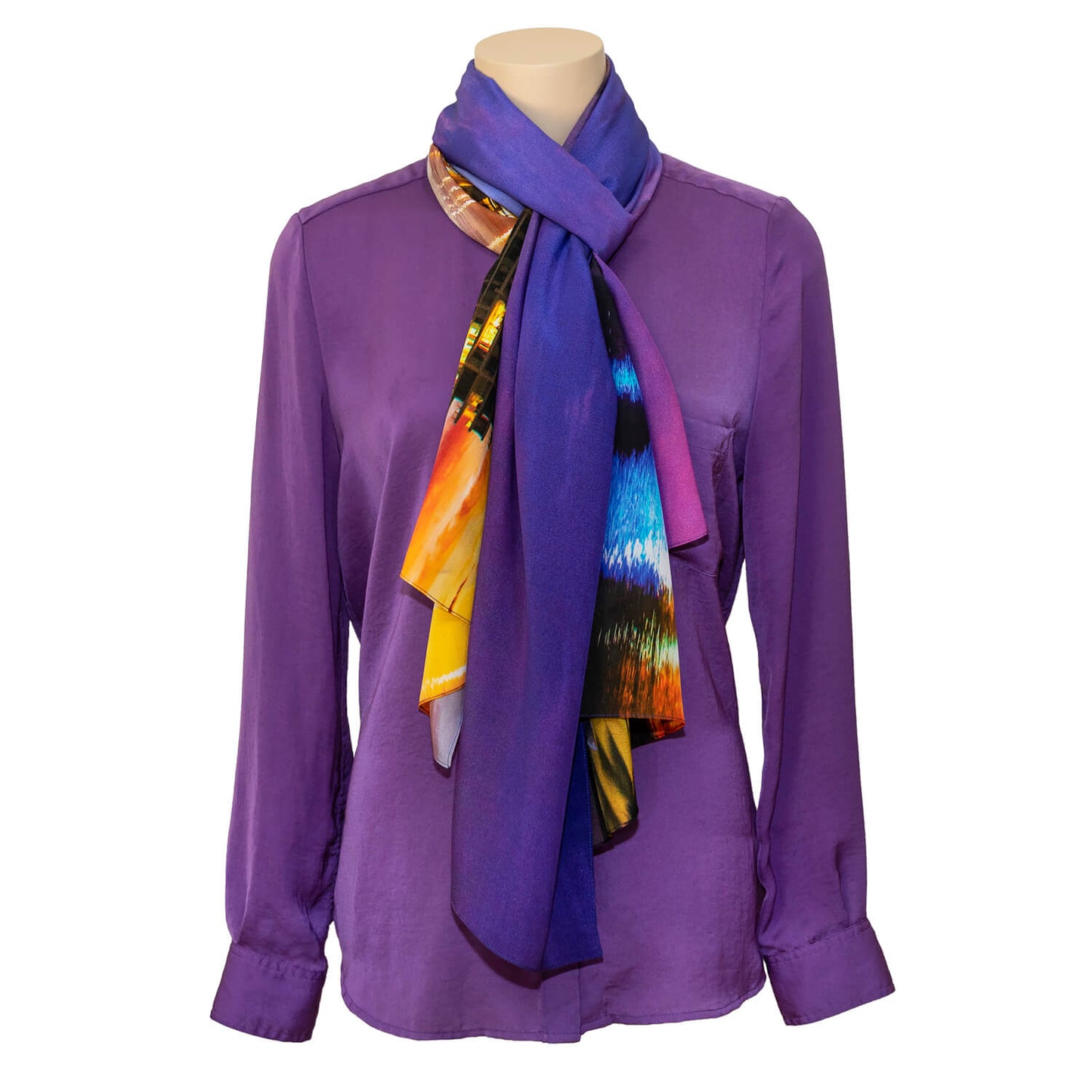 dusk on the inlet silk scarf with purple shirt