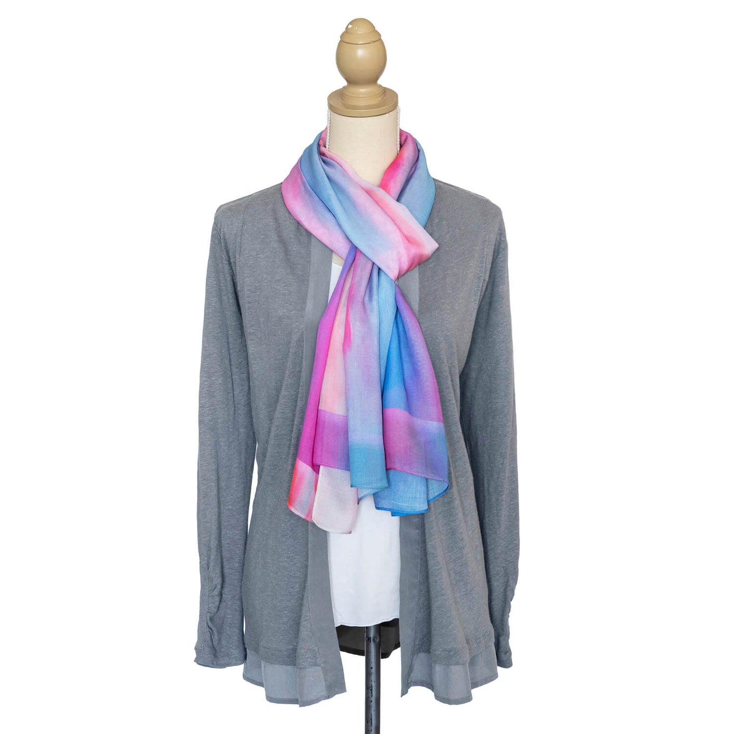 g & t time pink & blue scarf with grey jacket by seahorse silks