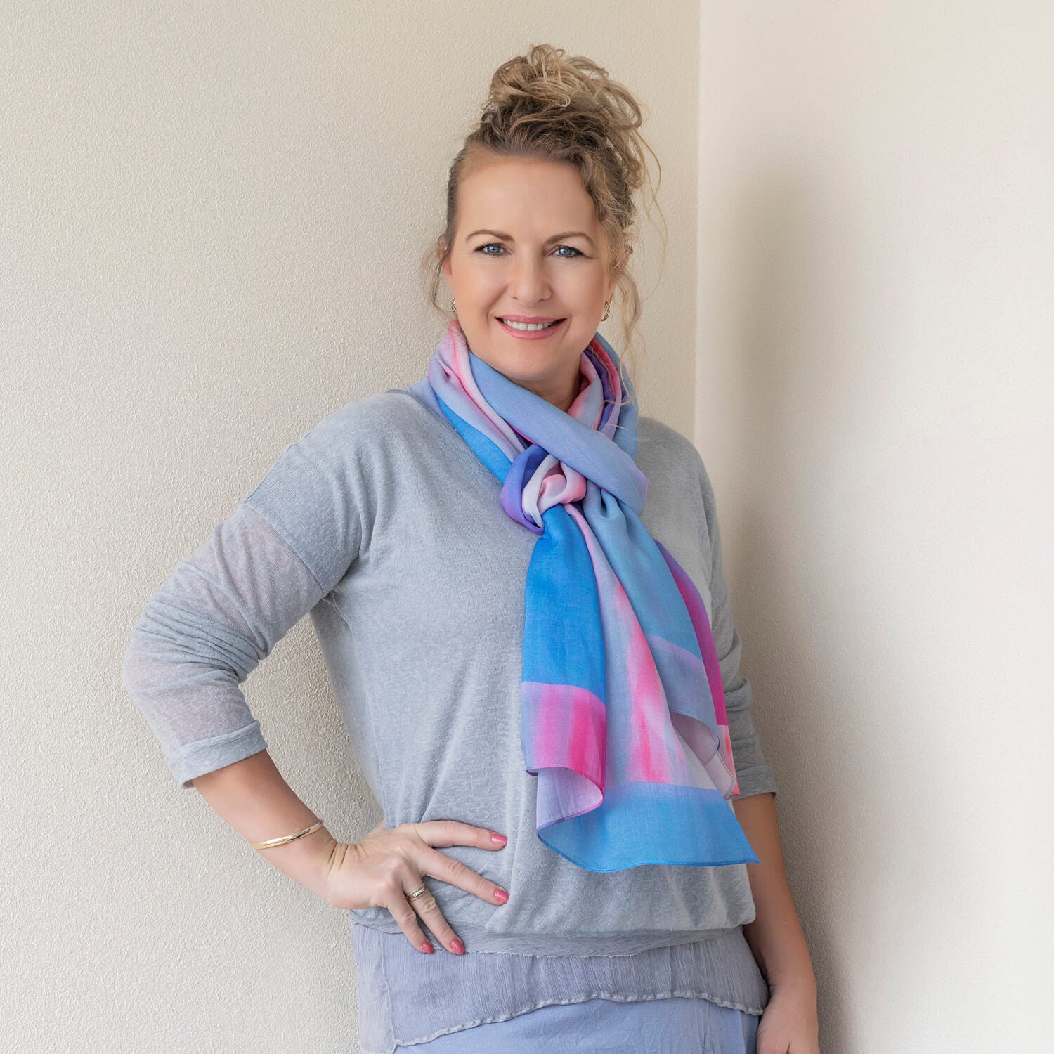 g & t time pink & blue scarf with grey top by seahorse silks