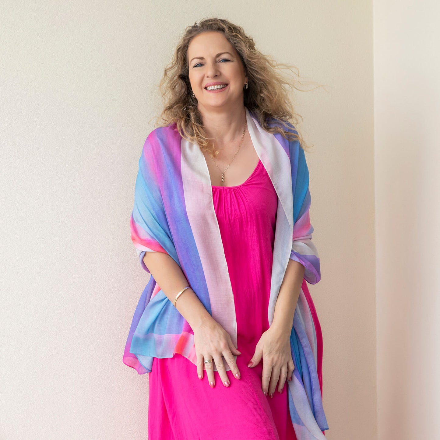 g & t time pink & blue scarf shawl with pink dress by seahorse silks