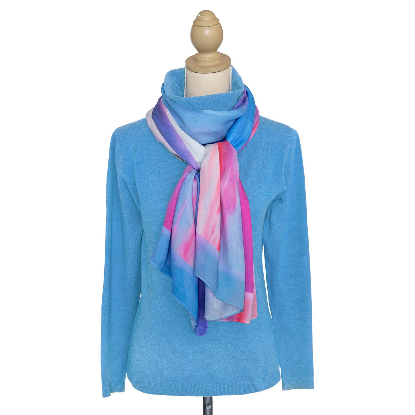 g & t time pink & blue scarf with blue jumper 