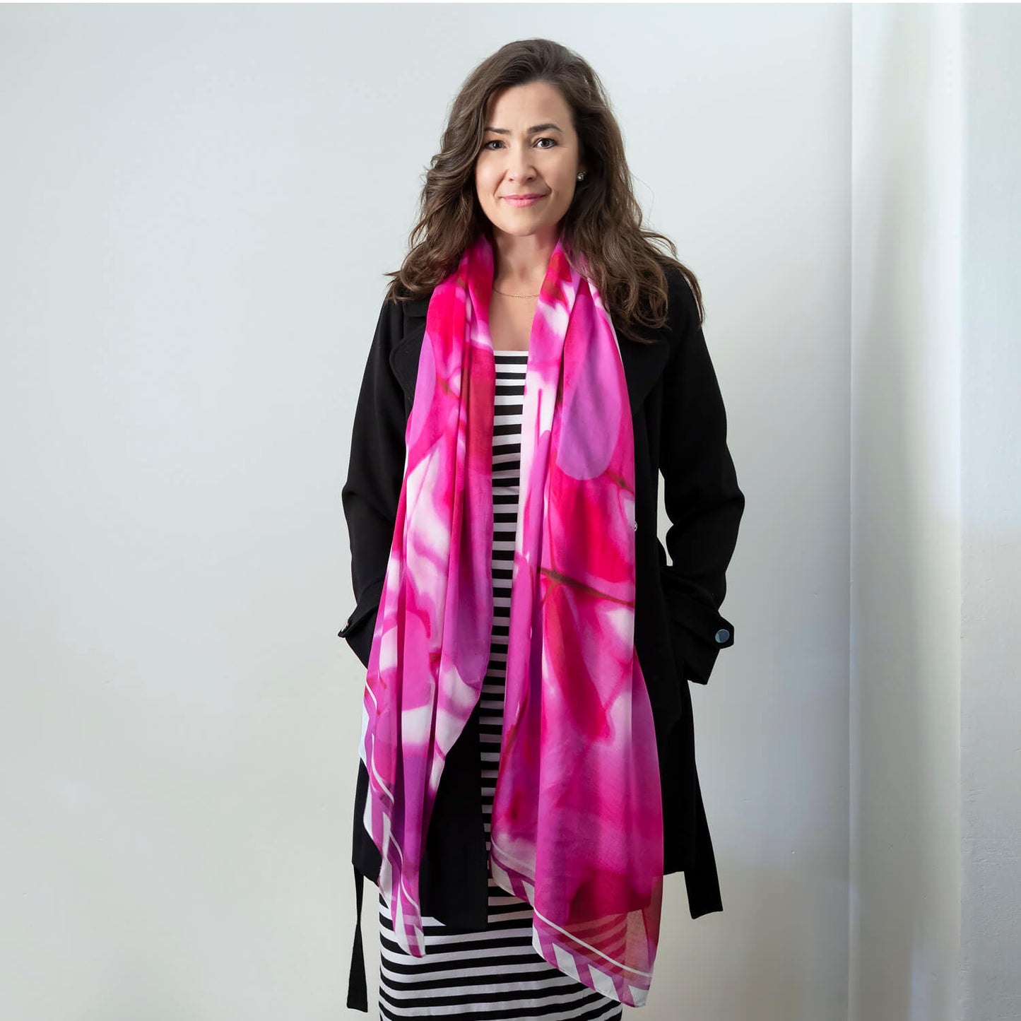leaves of hot pink scarf striped dress black coat by seahorse silks