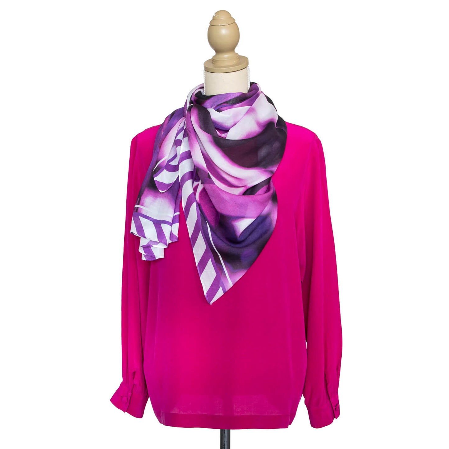 leaves of deep purple scarf with pink shirt by seahorse silks
