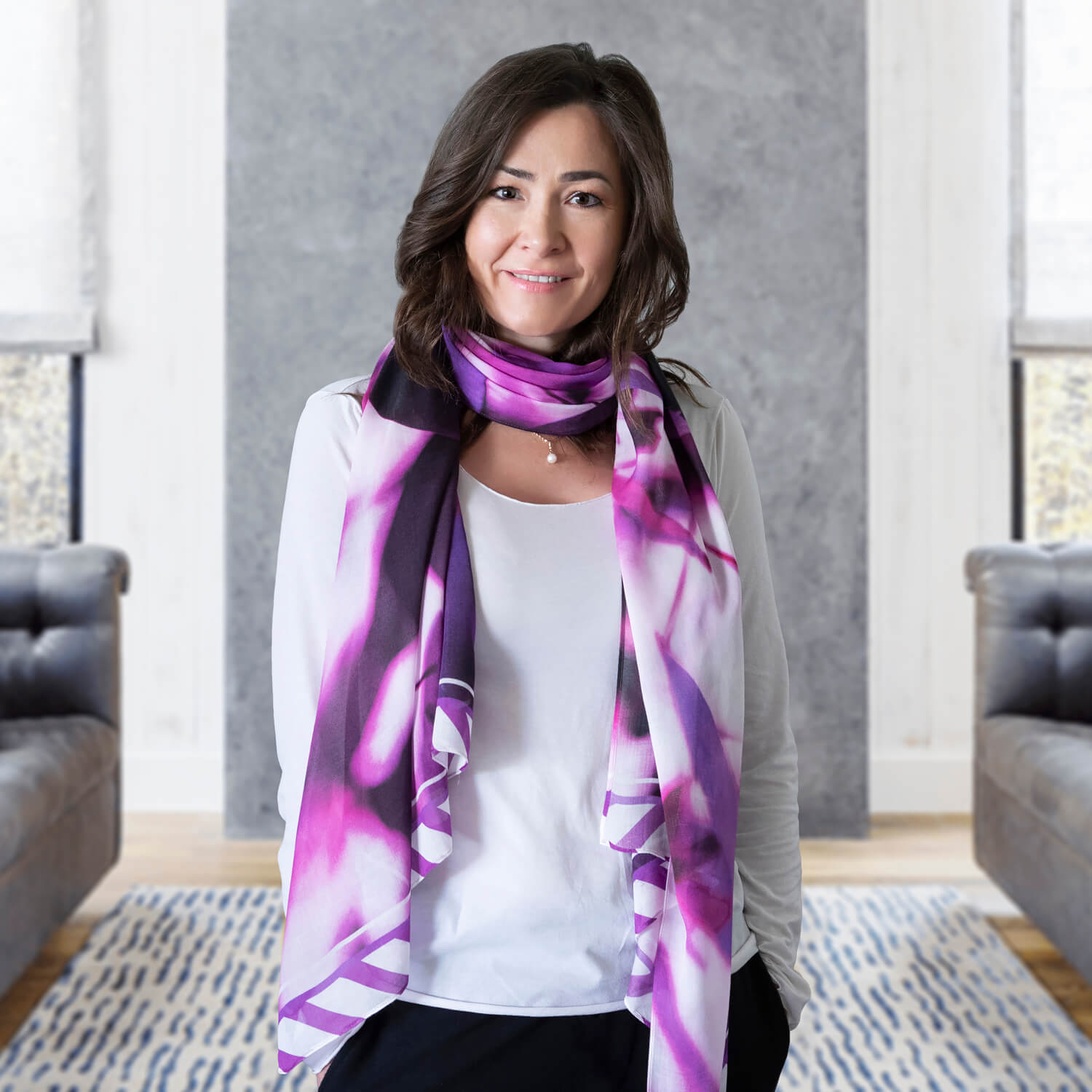 leaves of deep purple scarf with white top by seahorse silks