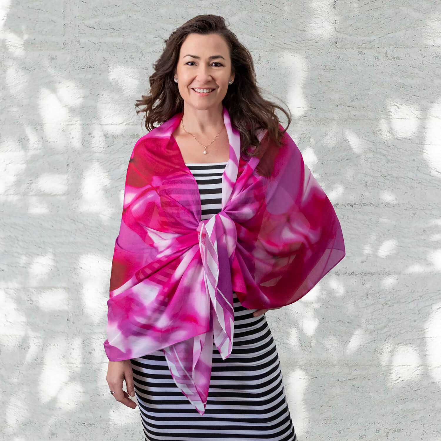 leaves of hot pink scarf wrap with striped dress