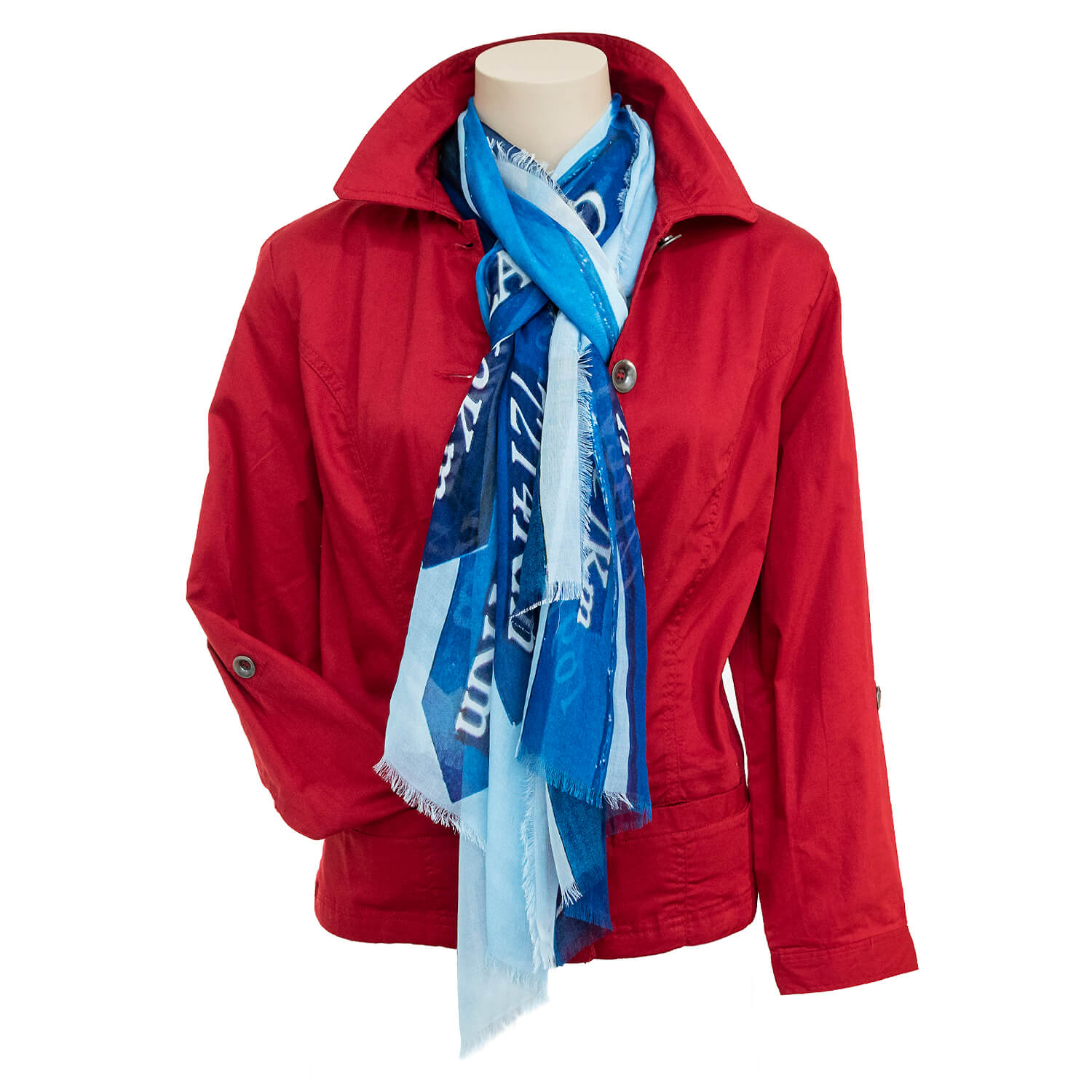 lets travel blue scarf with red jacket by seahorse silks