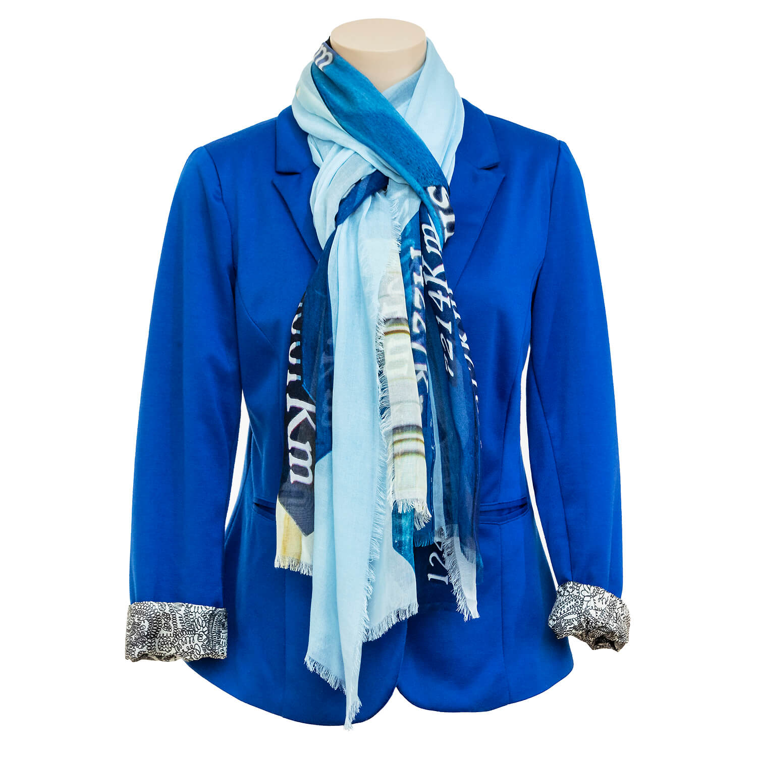 lets travel scarf with blue jacket by seahorse silks