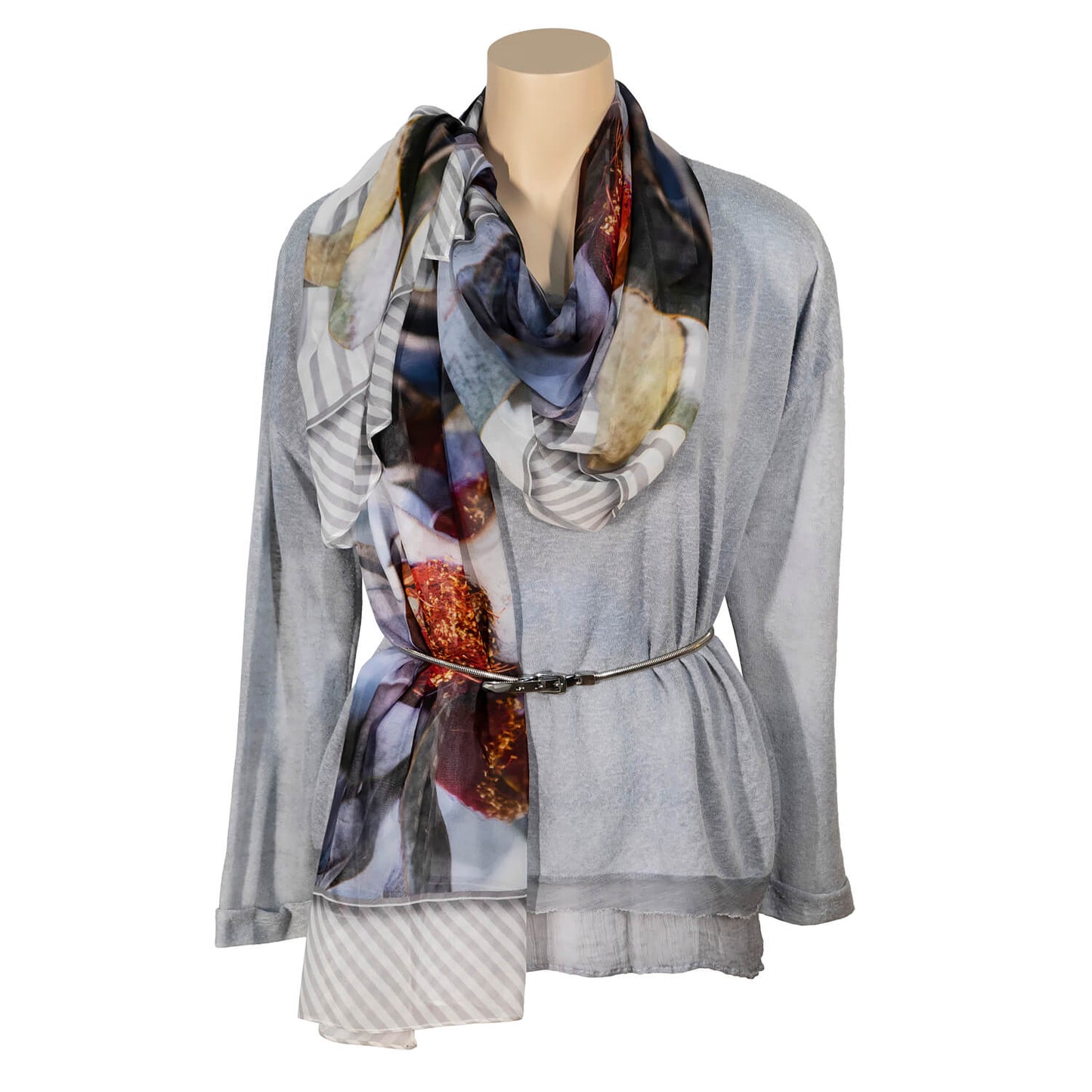 macrocarpa silk scarf worn with grey top & belt