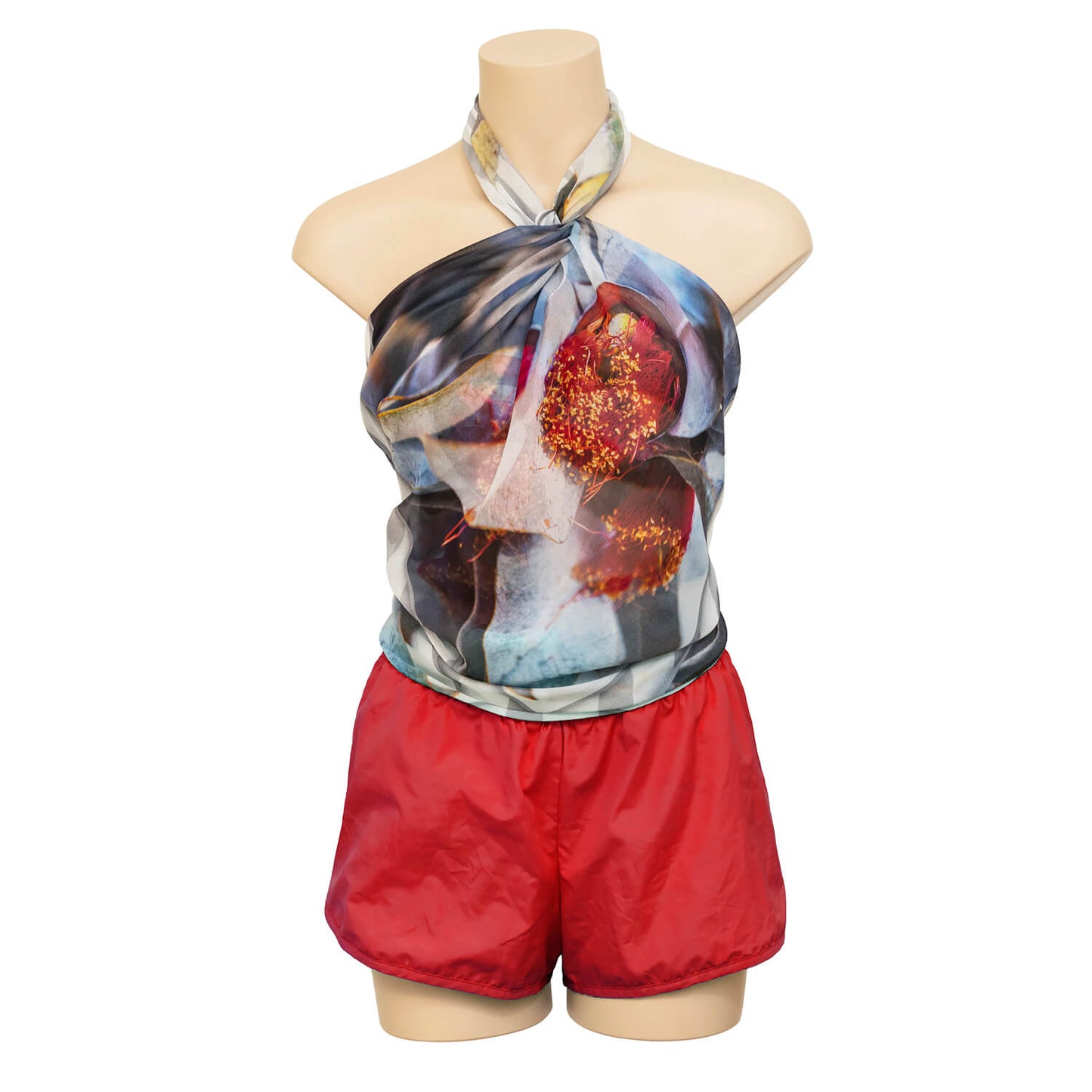 macrocarpa square silk scarf worn as halter top with red shorts
