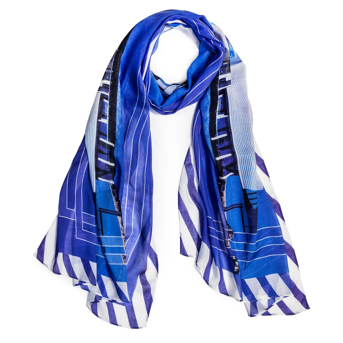 wearable art blue and white scarf Maritime by seahorse silks australia