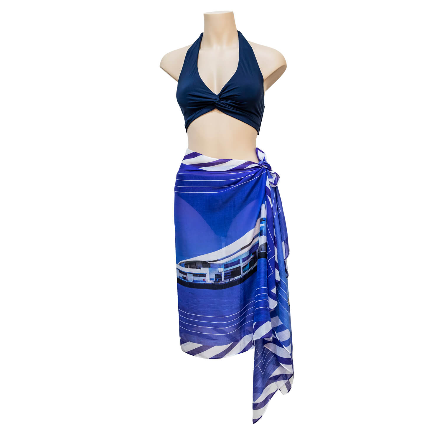 maritime blue scarf by seahorse silks worn as sarong around hips