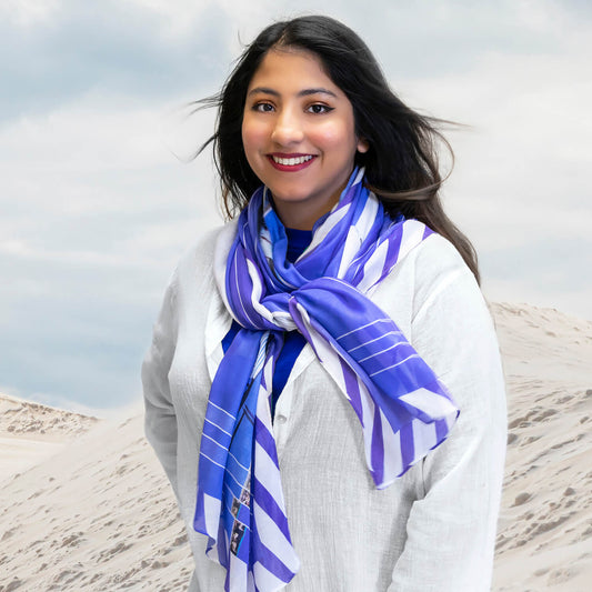 maritime scarf with blue top & white shirt by seahorse silks