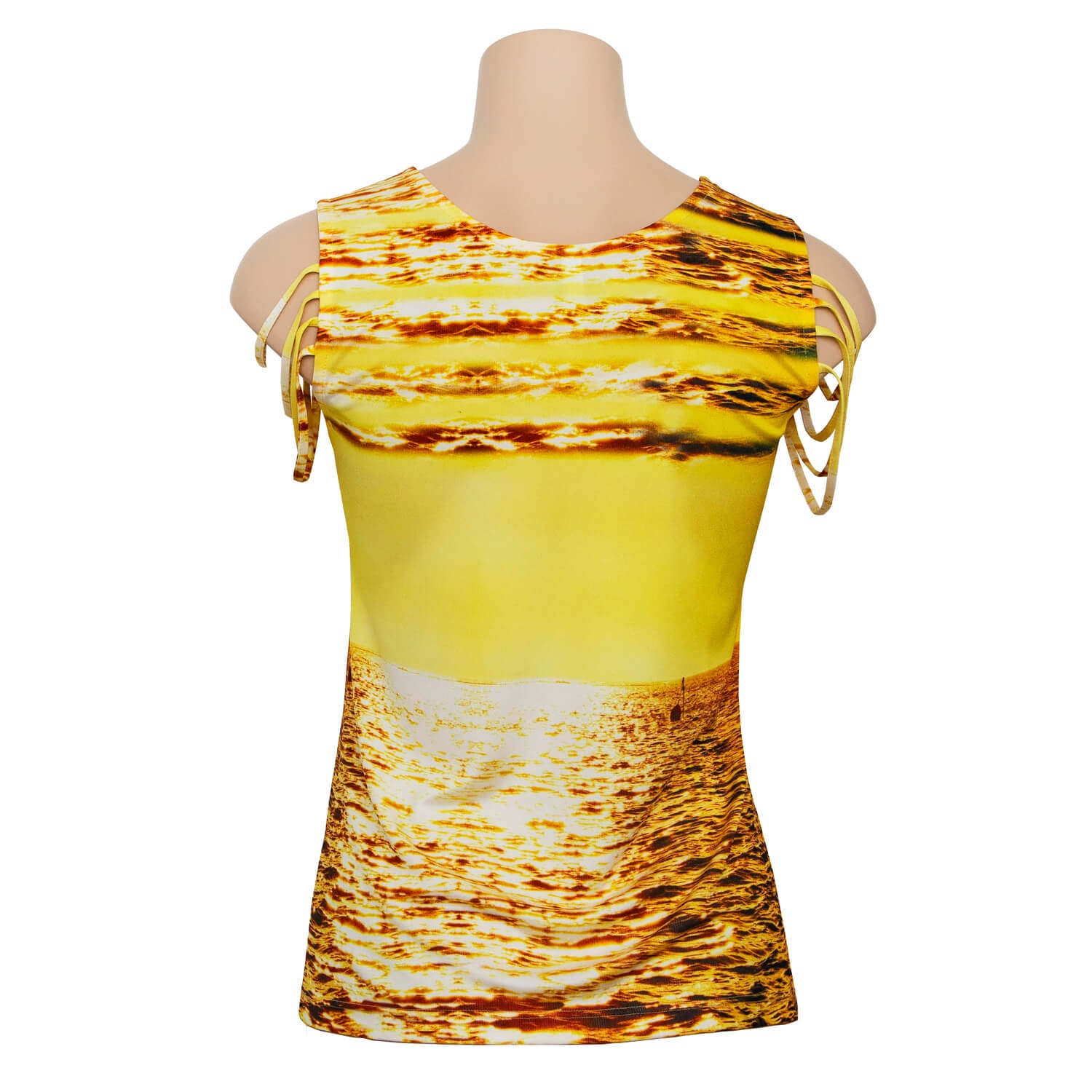 back view of midas touch gold strappy silk top