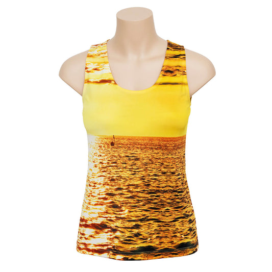 front view midas touch gold sleeveless silk top by seahorse silks