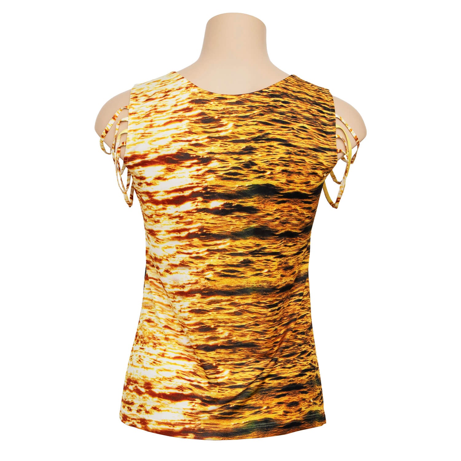 back view midas touch gold silk jersey strappy top all water print