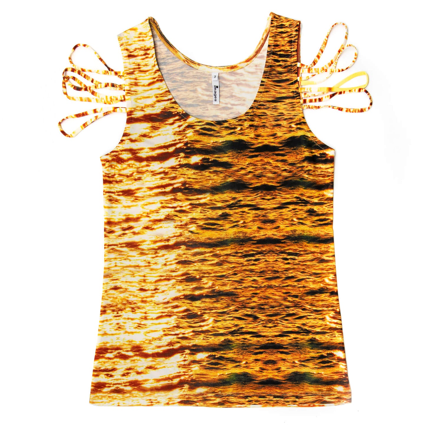 flat lay midas touch gold silk jersey strappy top all water print