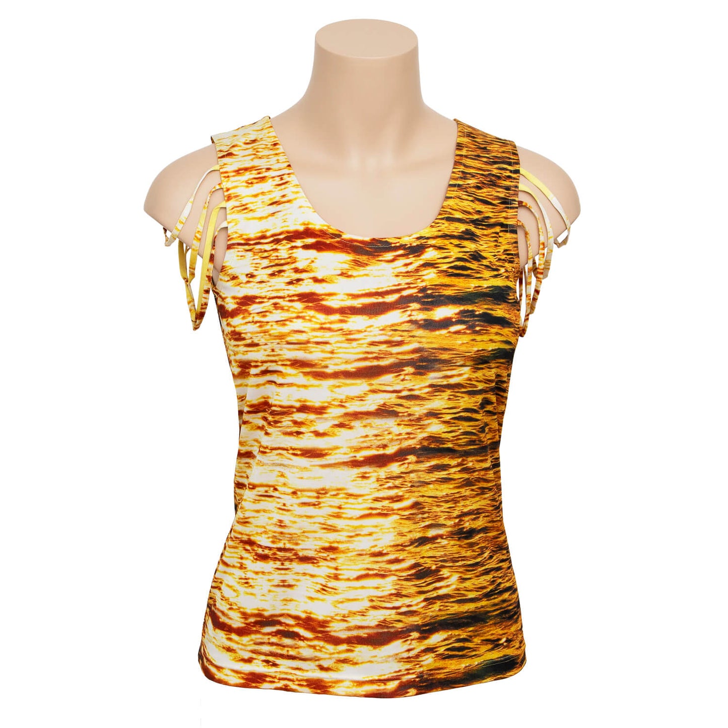 front view midas touch gold silk jersey strappy top all water print