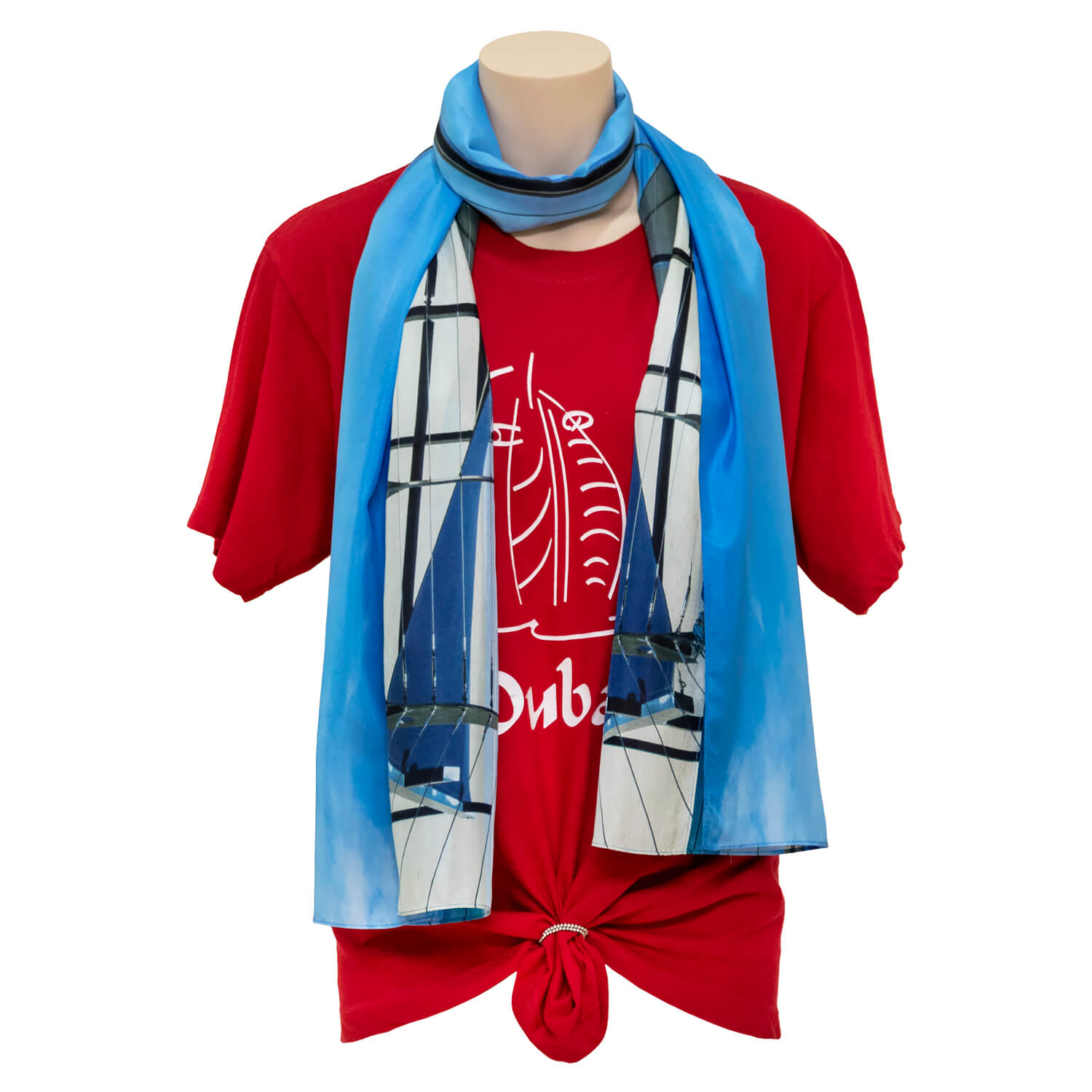 mooloo view blue silk scarf with red tee shirt