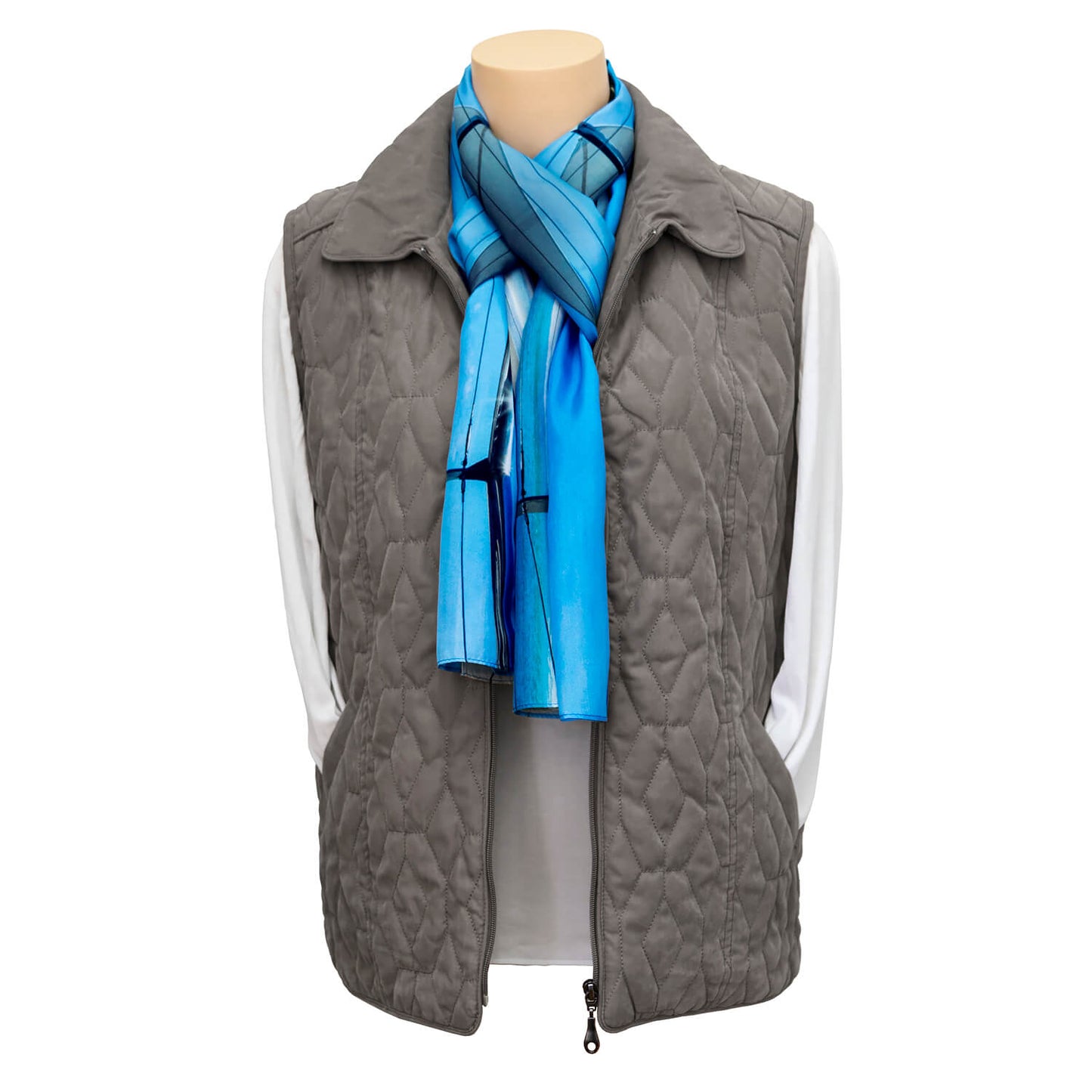 mooloo view blue silk scarf with taupe vest and white top