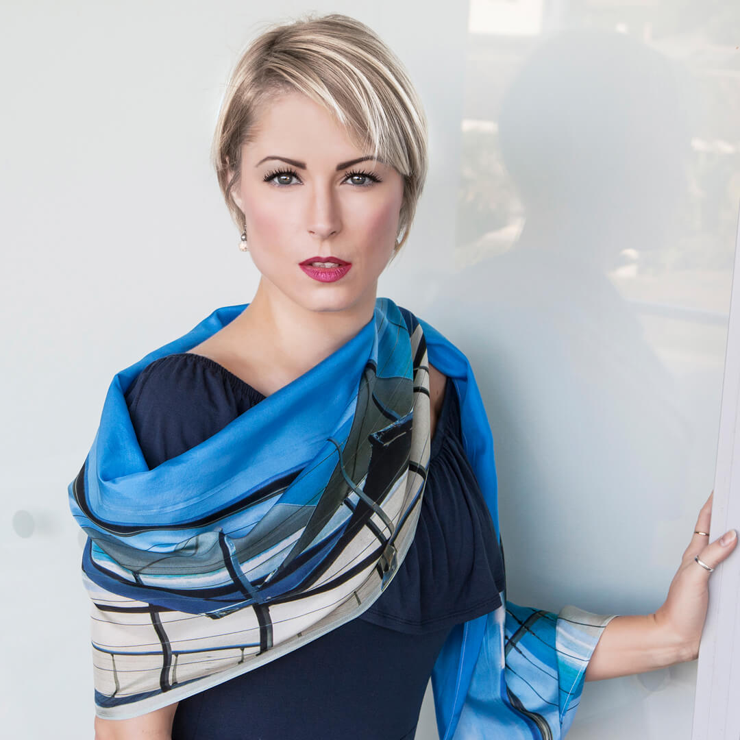 mooloo view blue silk scarf worn as wrap or shawl