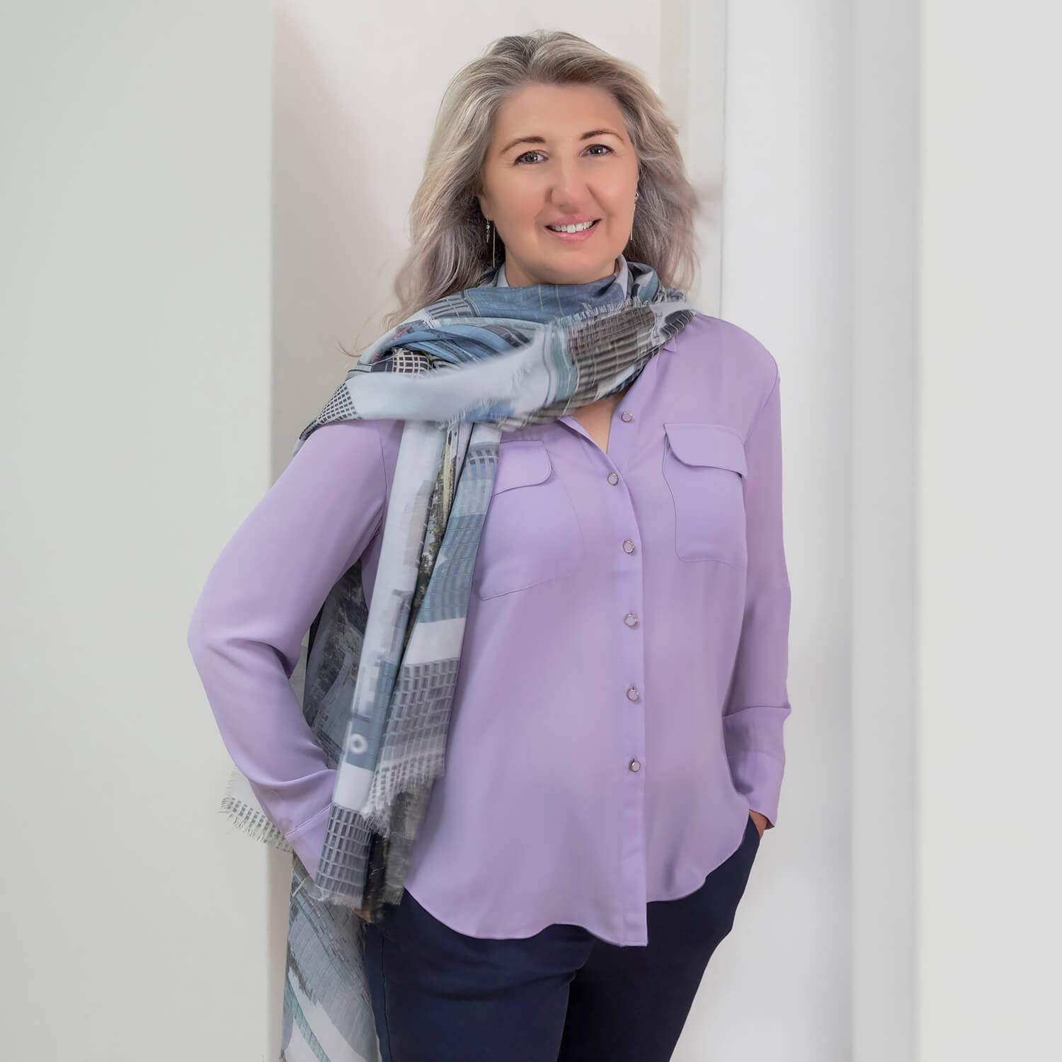 soft grey scarf on the swan worn with lilac shirt by seahorse silks