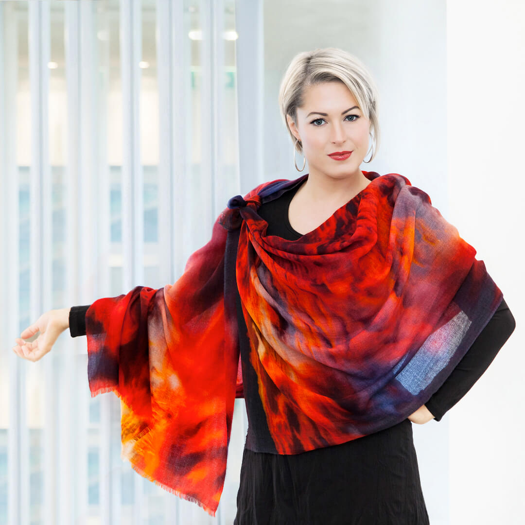 red hot cashmere wool wearable art scarf pashmina over black dress
