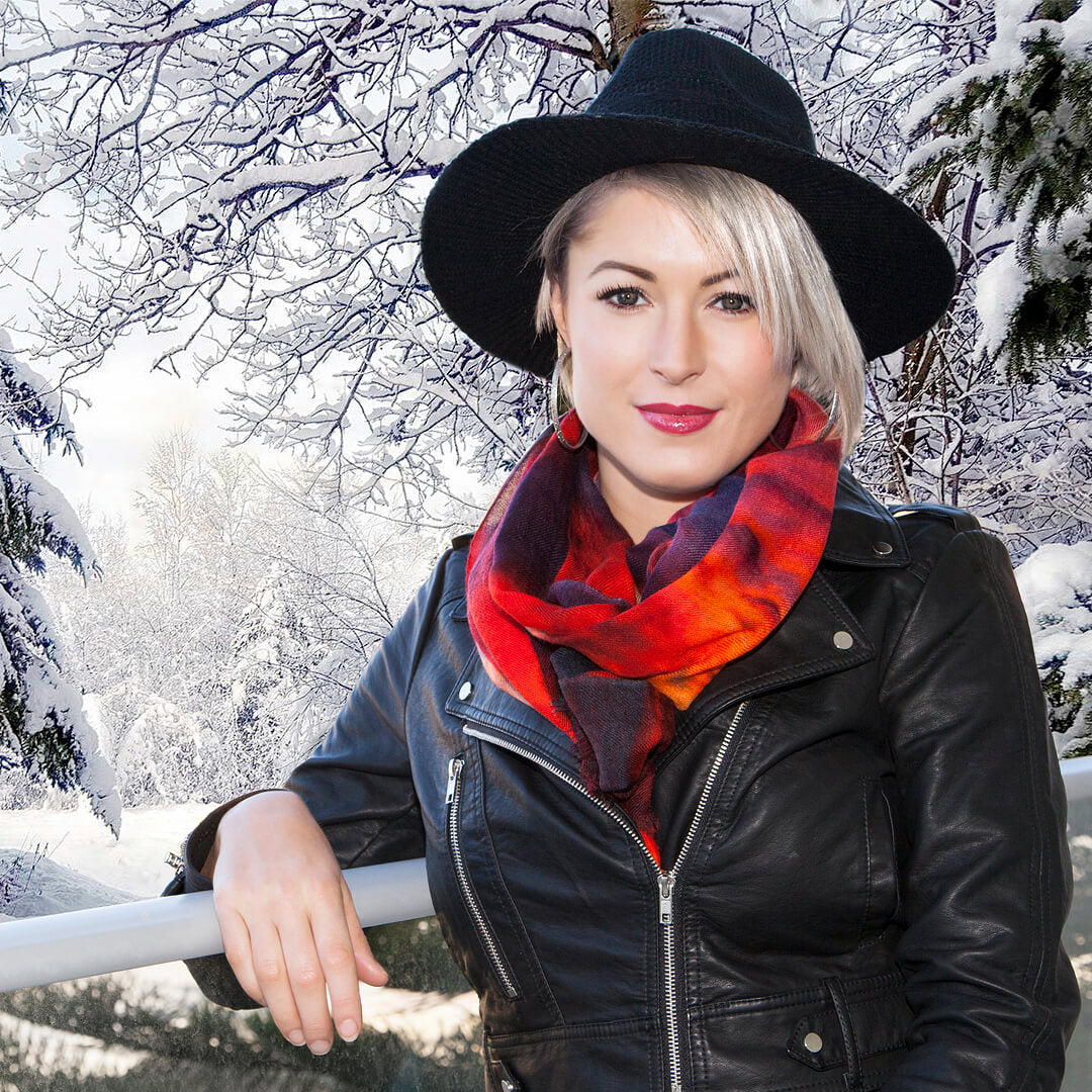 red hot wool cashmere scarf with black leather jacket