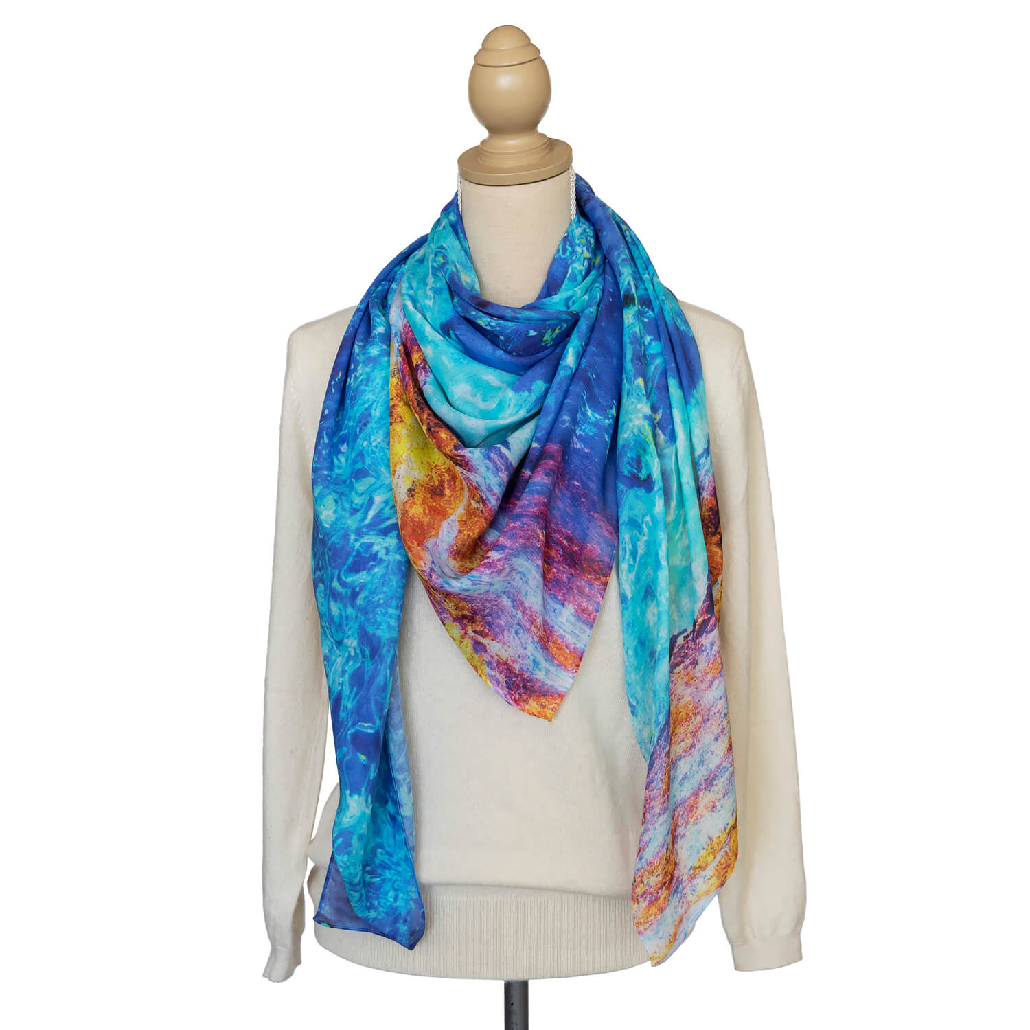 reef edge square scarf with cream jumper by seahorse silks