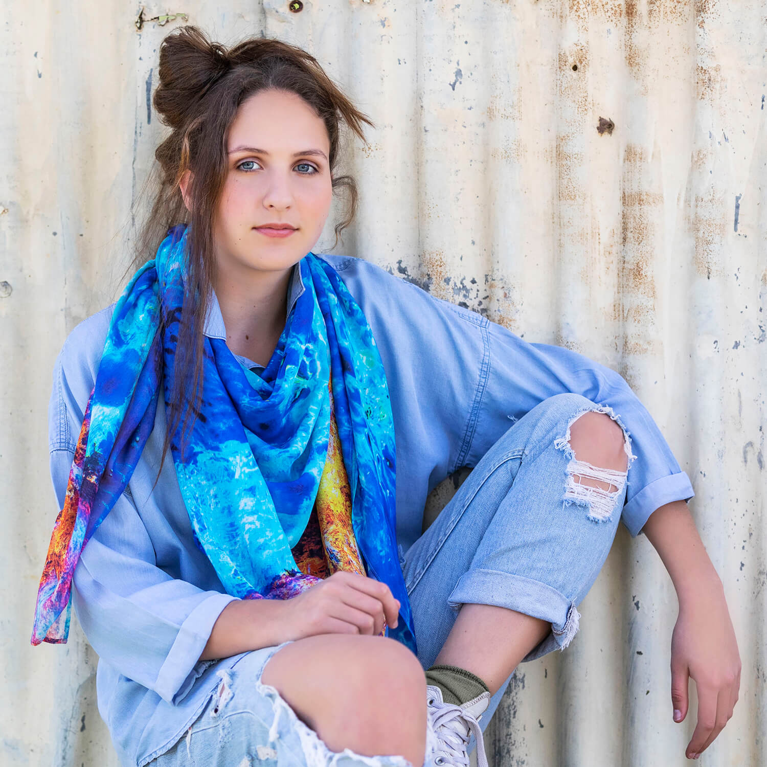 reef edge square scarf with denim by seahorse silks