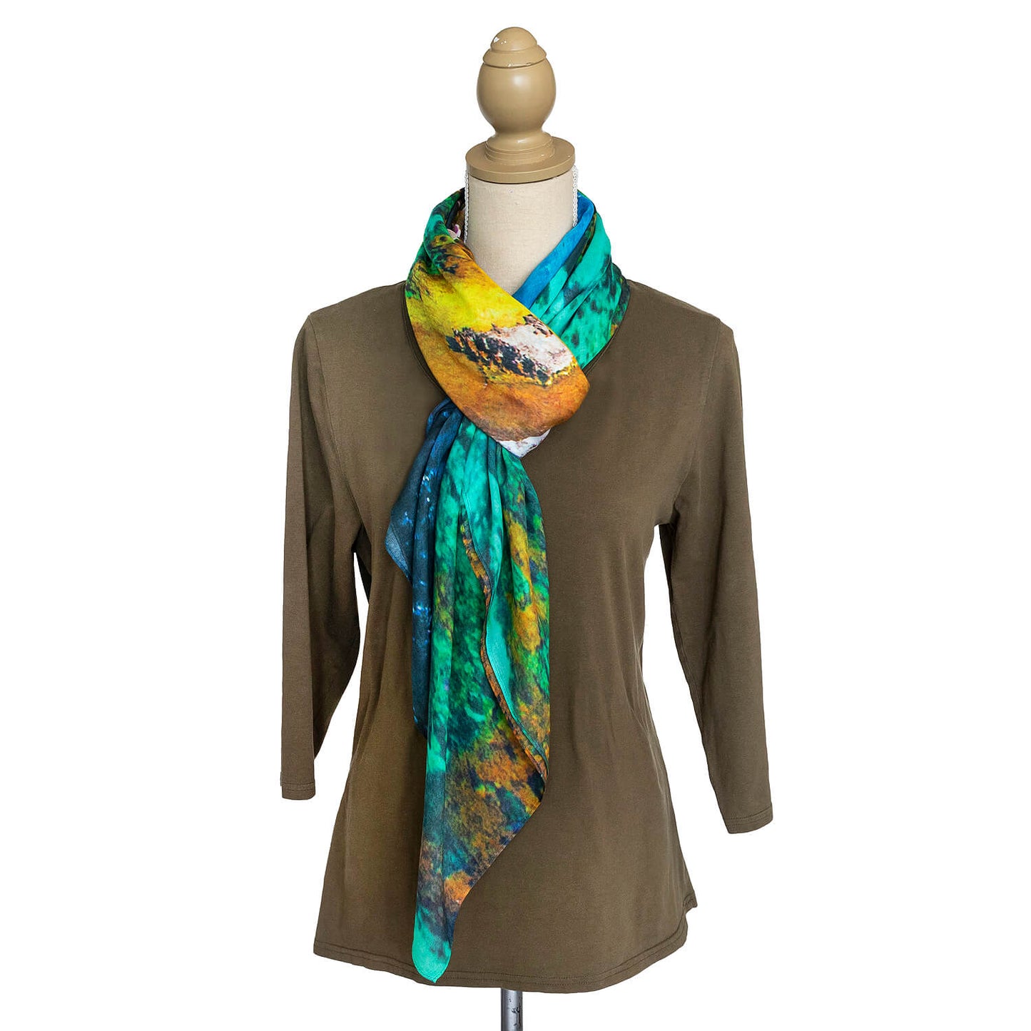 rotto reef wearable art square scarf with khaki top