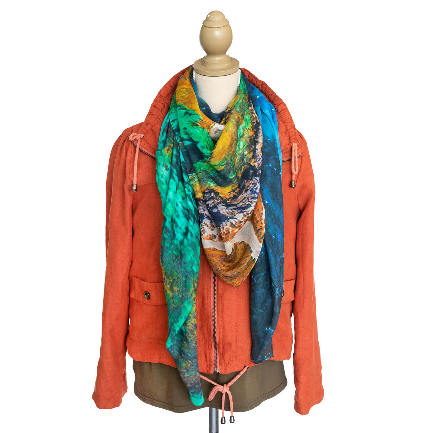 rotto reef wearable art square scarf with terracotta jacket