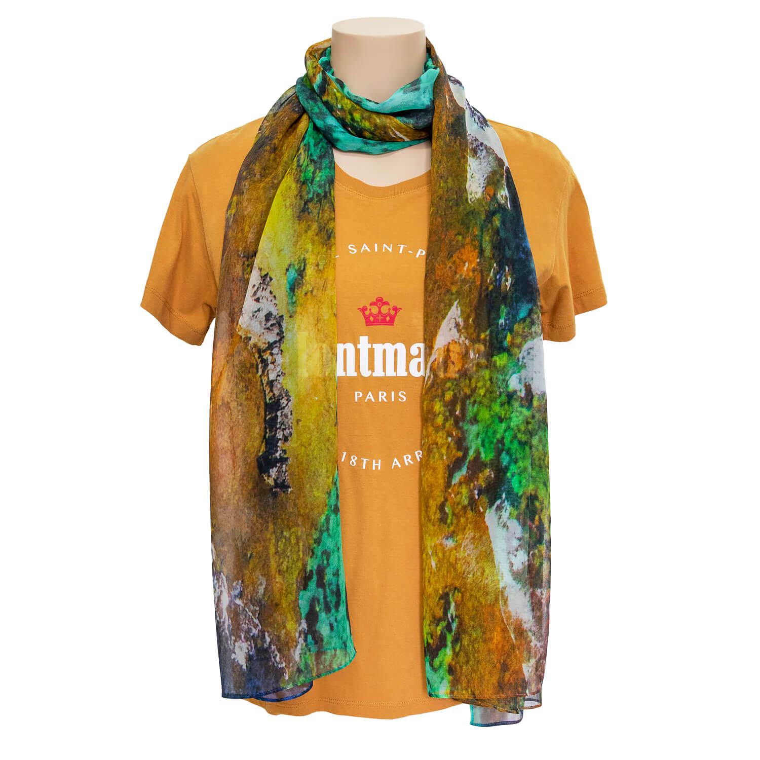 rotto reef wearable art silk scarf with mustard tee shirt