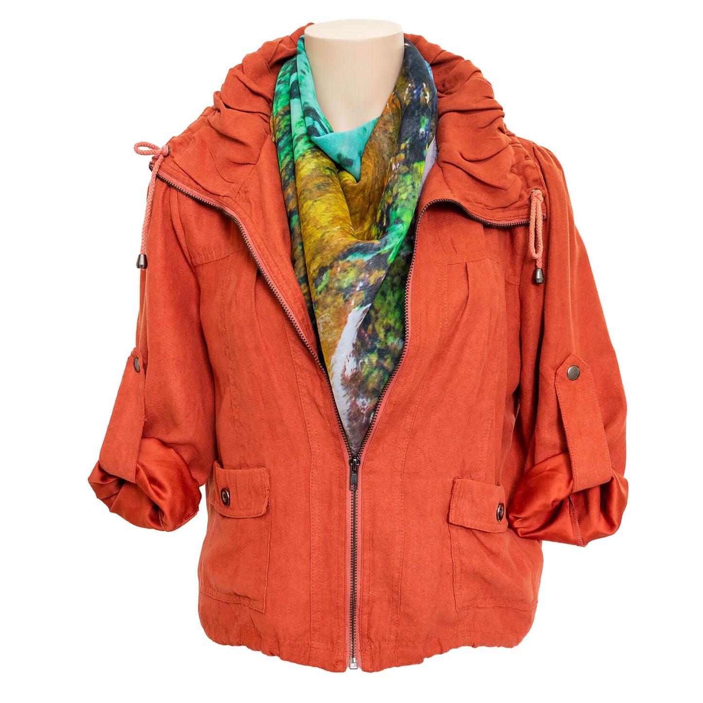 rotto reef wearable art silk scarf with terracotta jacket