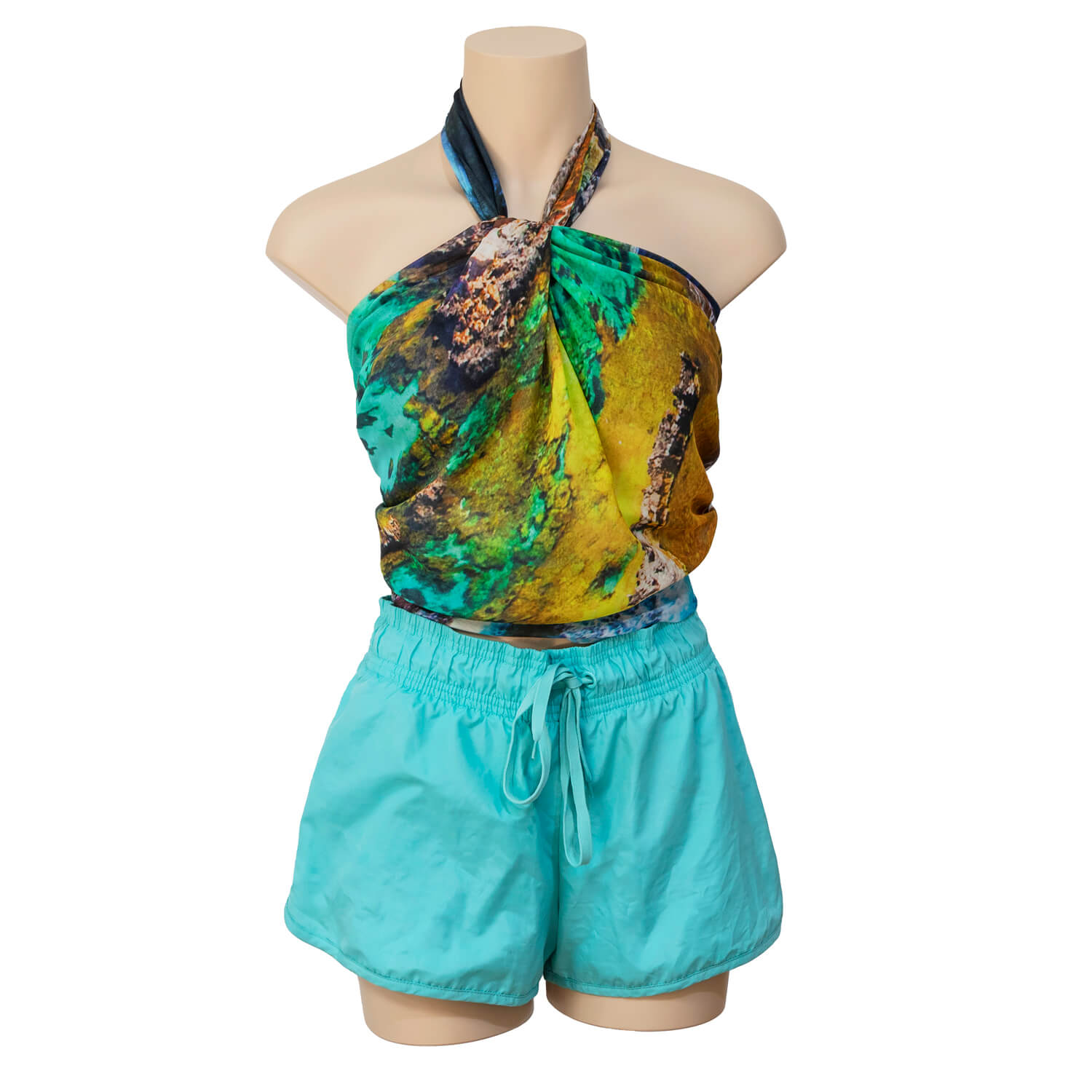 rotto reef square scarf worn as halter top with aqua blue shorts