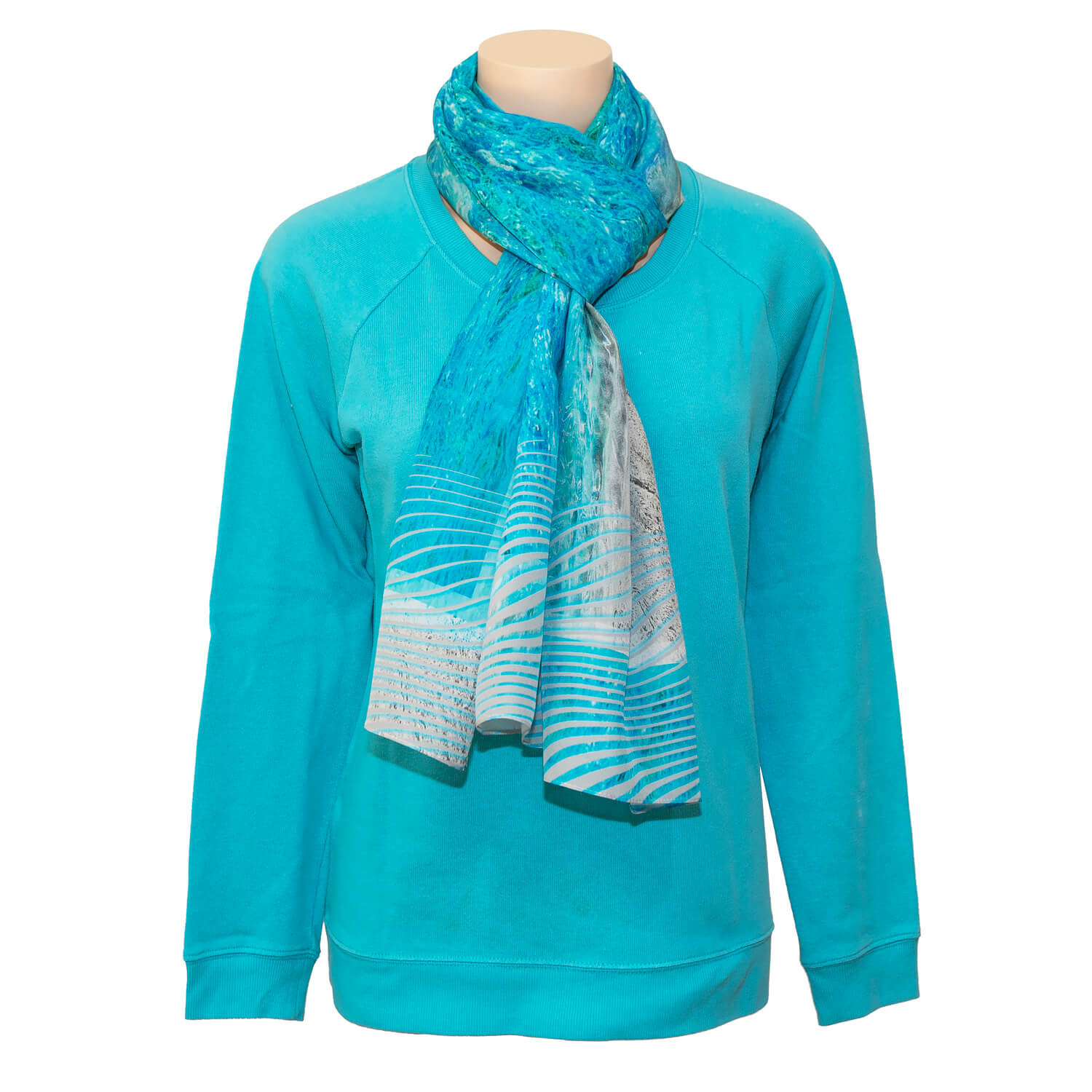 sand n sea silk scarf with aqua blue sweater