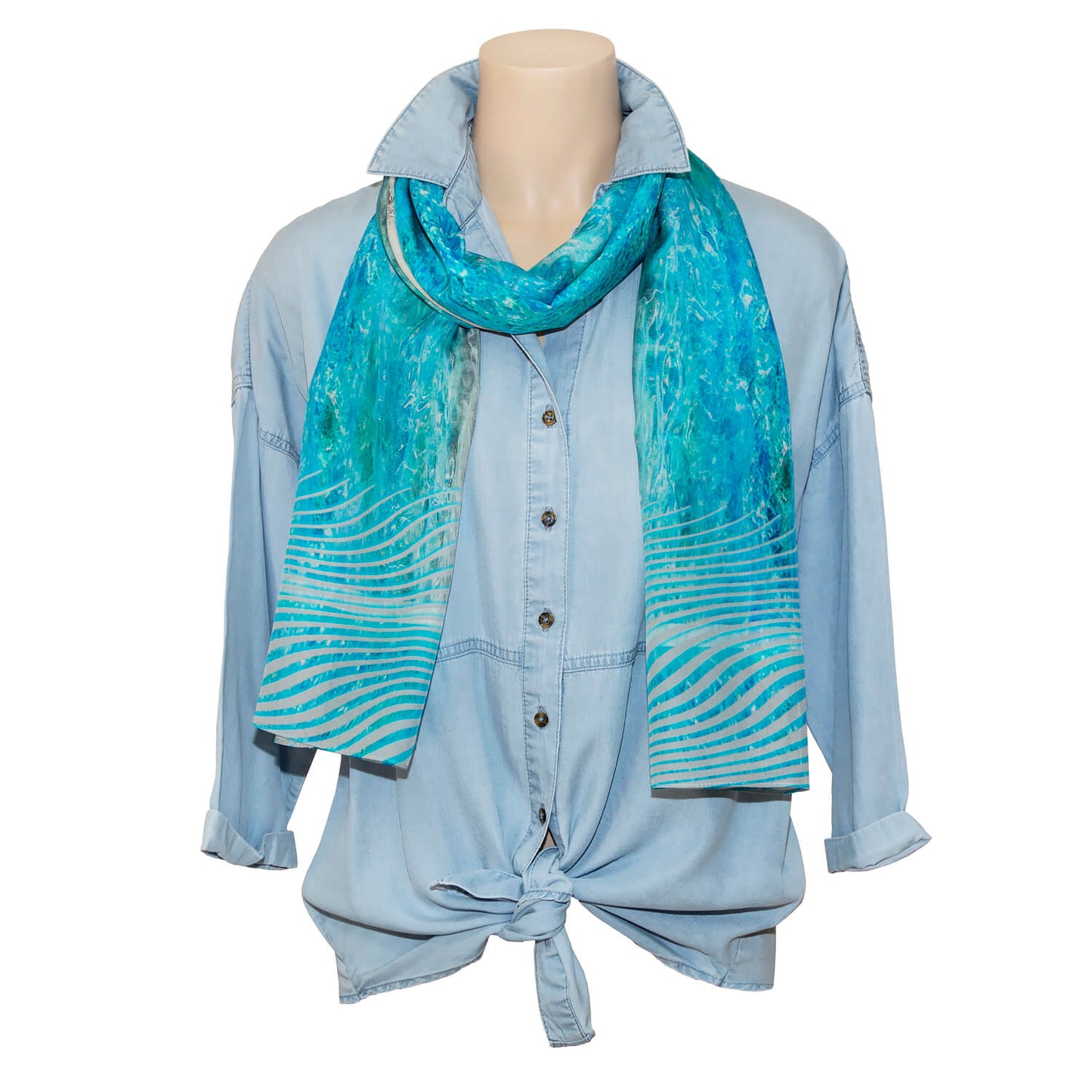sand n sea blue silk scarf with chambray shirt