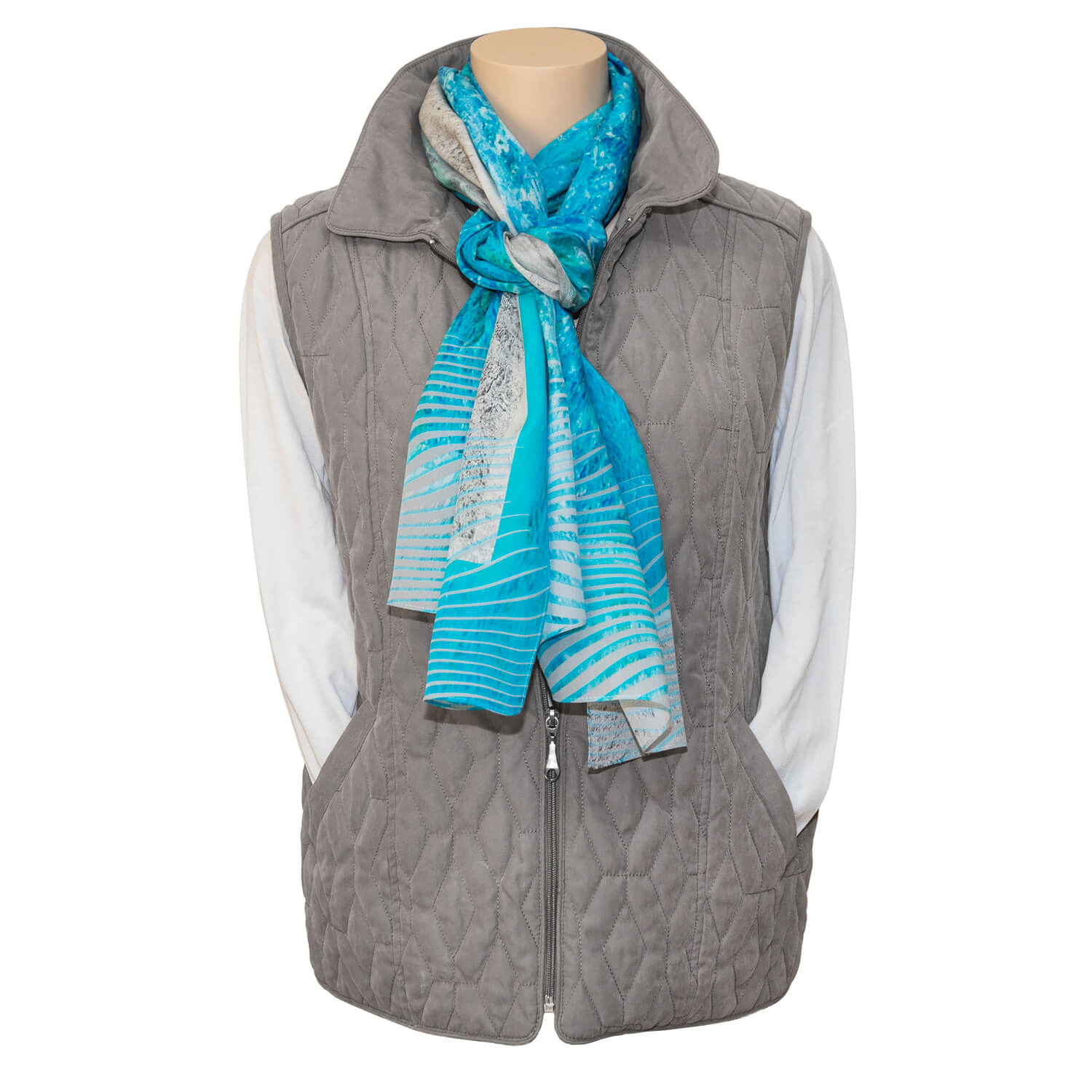 sand n sea blue silk scarf with grey vest