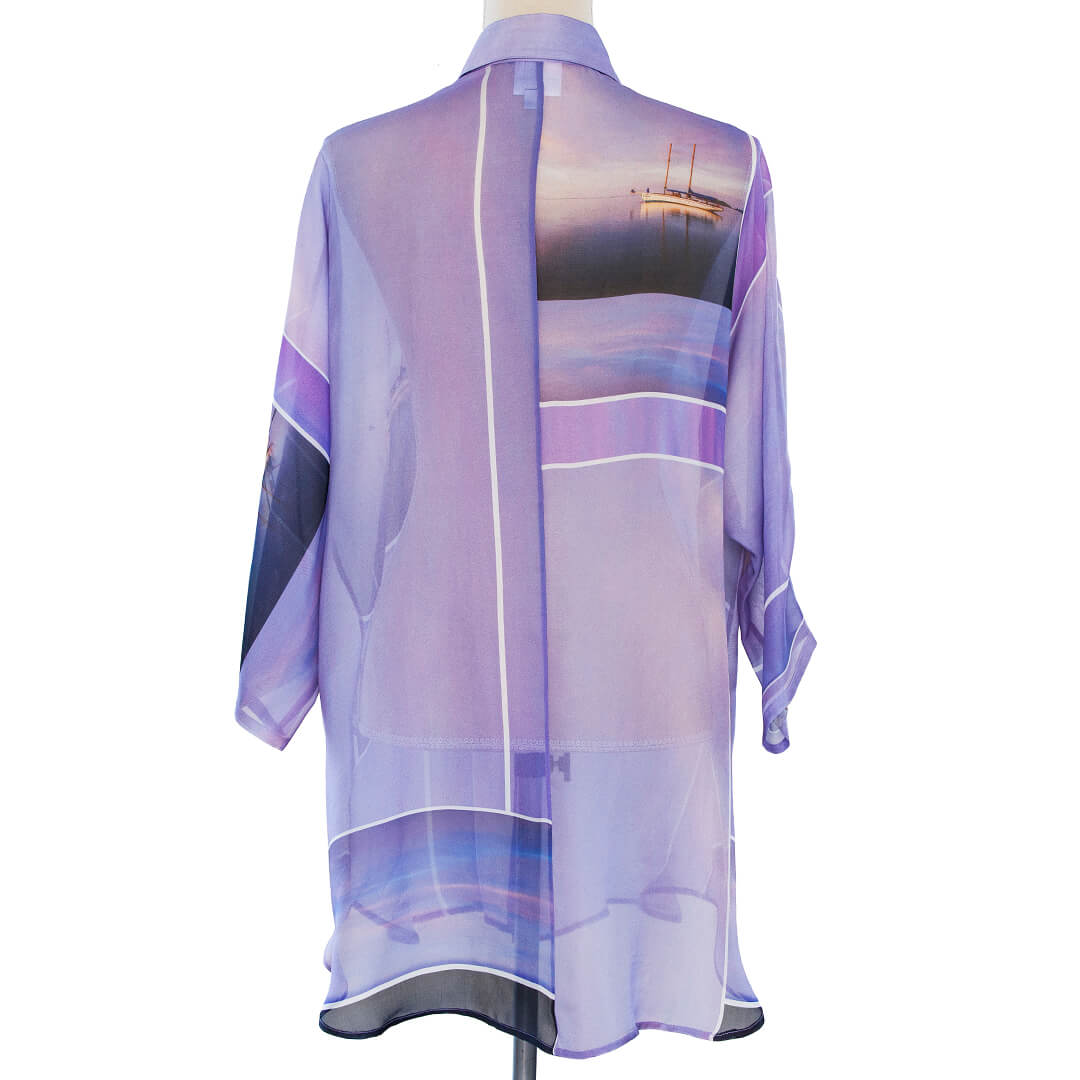 back view of seaspray silk chiffon oversize shirt