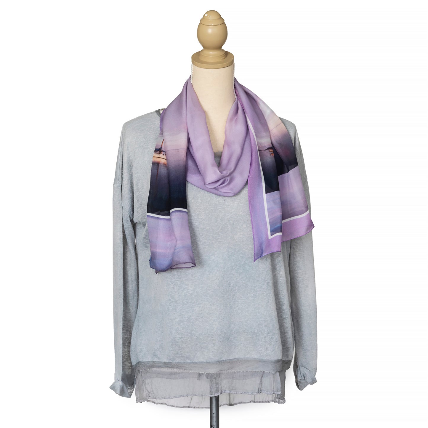 seaspray silk chiffon scarf by seahorse silks with grey top