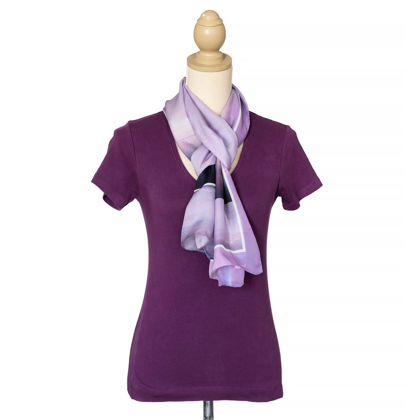 seaspray silk chiffon scarf by seahorse silks with purple top