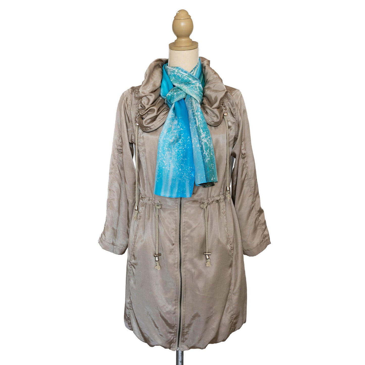 splash silk scarf with trench coat by seahorse silks