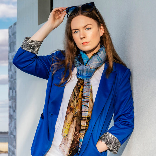 the dam cashmere wool scarf by seahorse silks with blue jacket